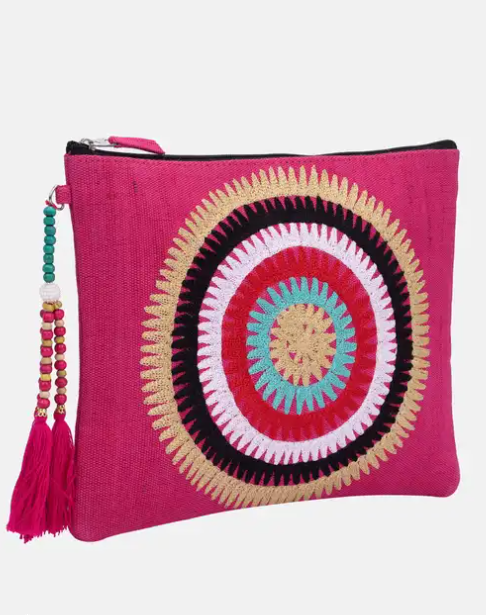 Fuchsia Embroidered Jute-Cotton Purse